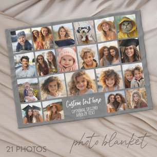 21 Photo Collage Grid - 2 Text boxes - grey white Fleece Blanket