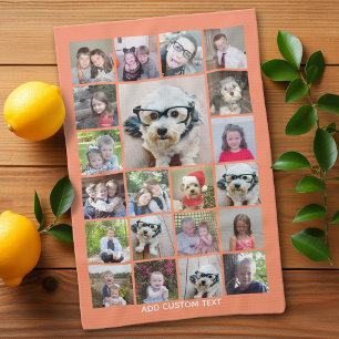 21 Photo Collage - Grid with extra Text - coral Tea Towel