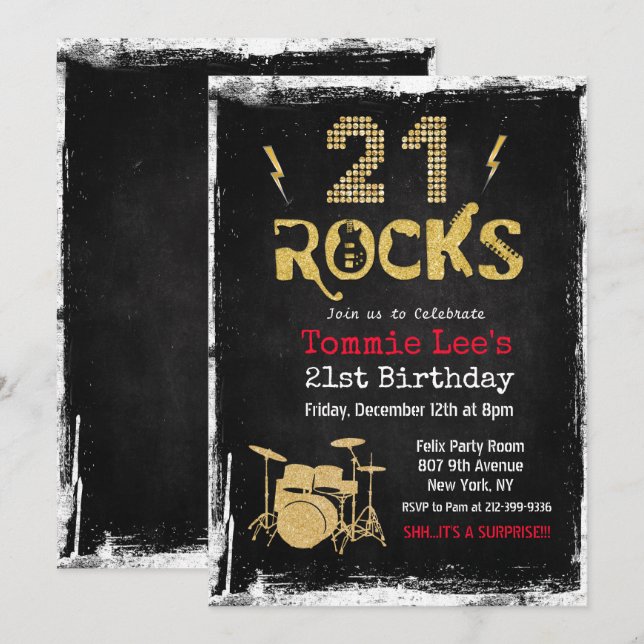 21 Rocks Rockstar Guitar 21st Birthday Invitation (Front/Back)