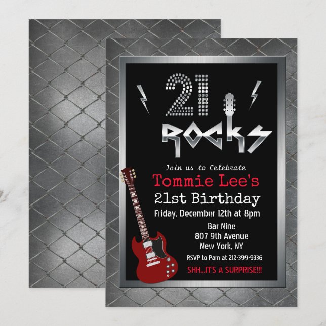 21 Rocks Rockstar Guitar Birthday Invitation (Front/Back)