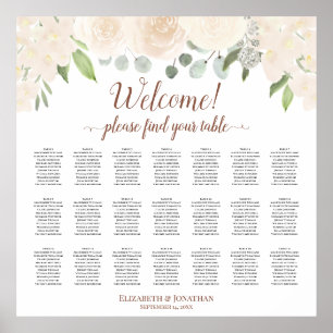 21 Table Blush Peach Roses Wedding Seating Chart