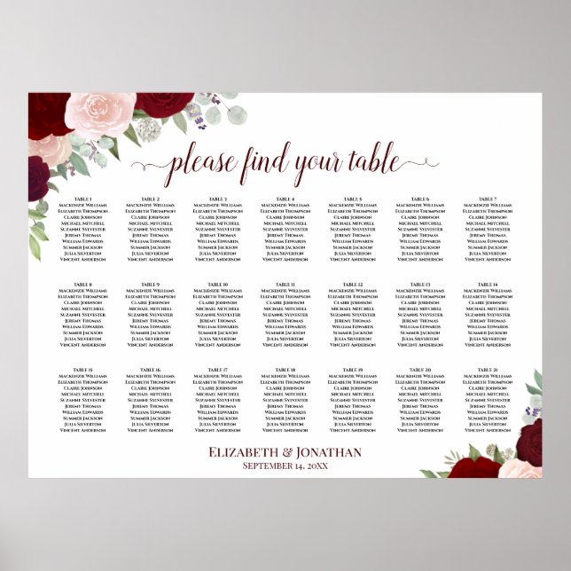 21 Table Burgundy Blush Boho Floral Seating Chart (Front)