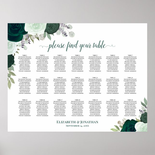 21 Table Emerald Boho Floral Wedding Seating Chart (Front)