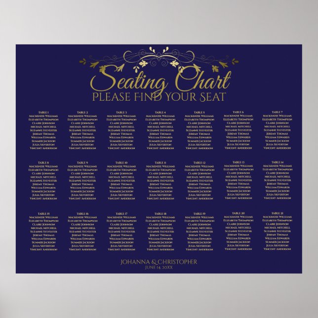 21 Table Gold Flourish Navy Wedding Seating Chart (Front)