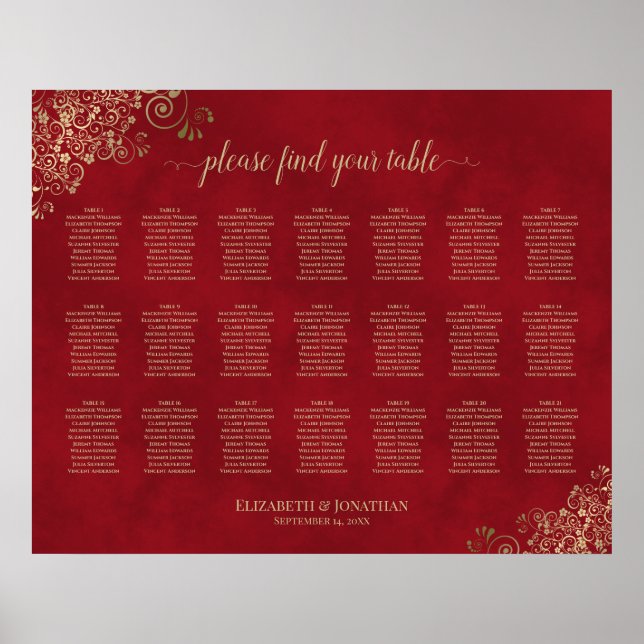 21 Table Gold Frills on Red Wedding Seating Chart (Front)