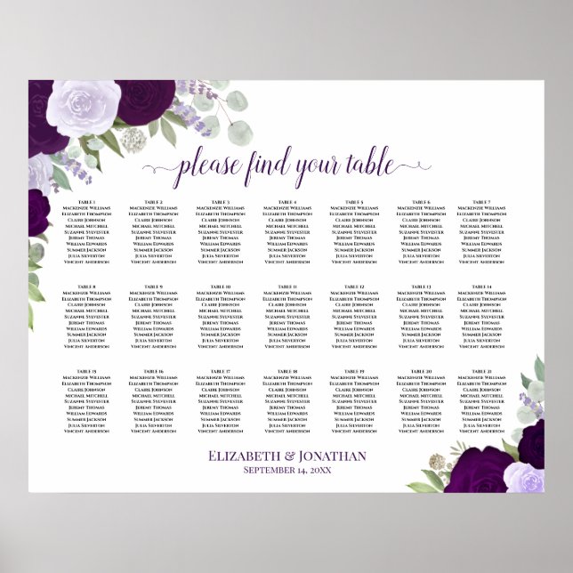 21 Table Purple Boho Floral Wedding Seating Chart (Front)