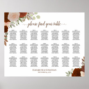 21 Table Rust Orange Floral Wedding Seating Chart