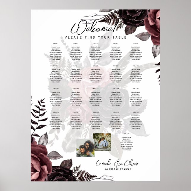 21 Table Seating Chart Photo Welcome Names Wedding (Front)