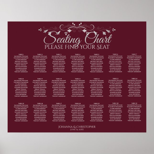 21 Table Simple Burgundy Wedding Seating Chart (Front)