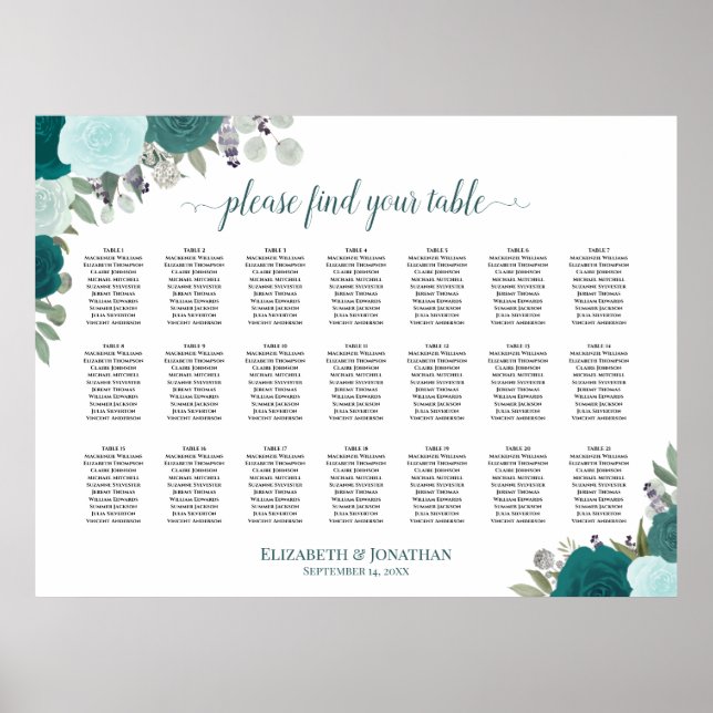 21 Table Teal Boho Floral Wedding Seating Chart (Front)
