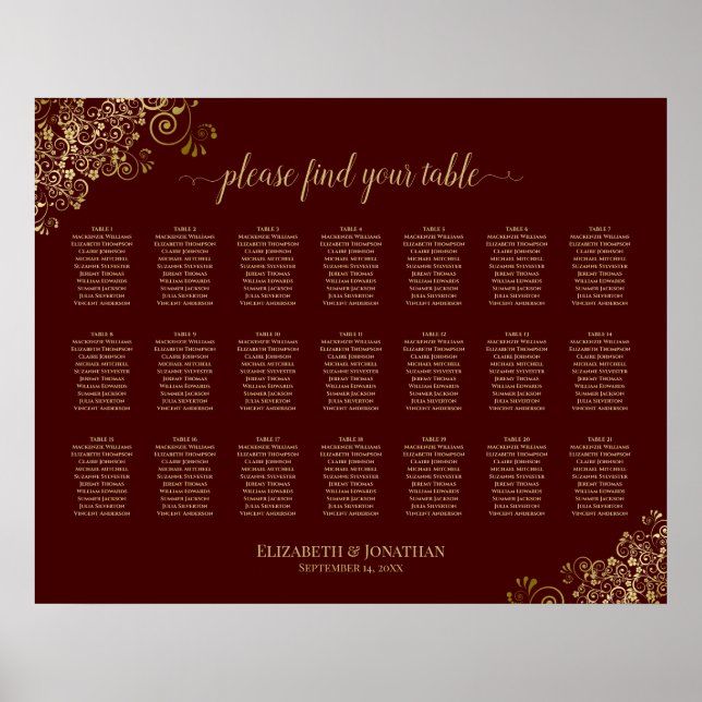 21 Table Wedding Seating Chart Auburn Gold Frills (Front)