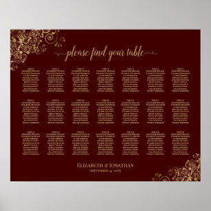 21 Table Wedding Seating Chart Burgundy Gold Frill