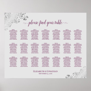 21 Table Wedding Seating Chart Cassis on Gray