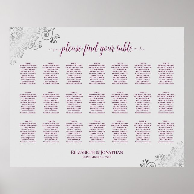 21 Table Wedding Seating Chart Cassis on Gray (Front)