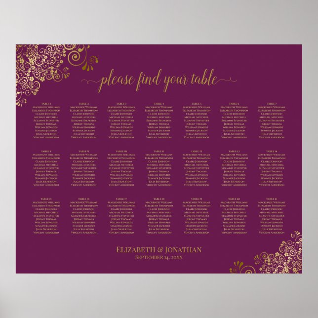 21 Table Wedding Seating Chart Cassis Purple Gold (Front)