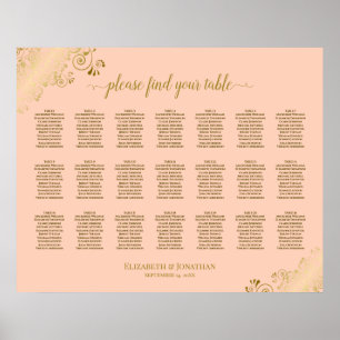 21 Table Wedding Seating Chart Coral Peach & Gold