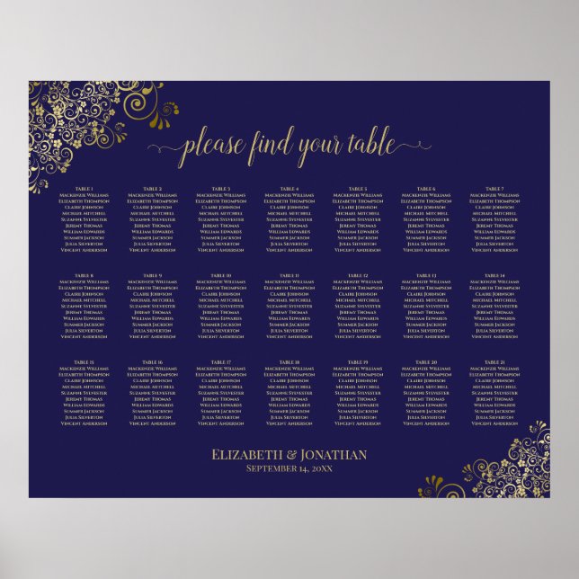 21 Table Wedding Seating Chart Lacy Gold Navy Blue (Front)