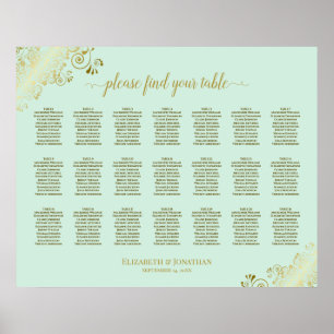 21 Table Wedding Seating Chart Mint Green & Gold