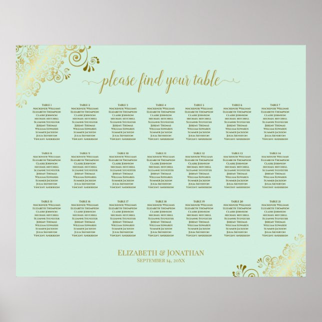 21 Table Wedding Seating Chart Mint Green & Gold (Front)