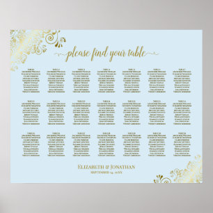 21 Table Wedding Seating Chart Powder Blue & Gold