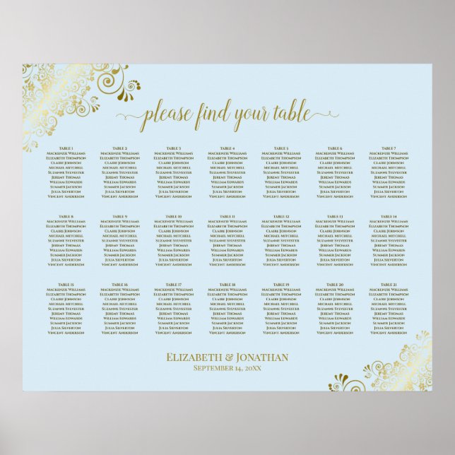 21 Table Wedding Seating Chart Powder Blue & Gold (Front)