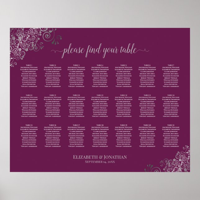 21 Table Wedding Seating Chart Silver on Cassis (Front)