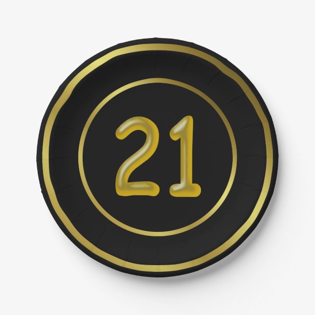 21 Twenty One Birthday, Black and Gold Paper Plate (Front)