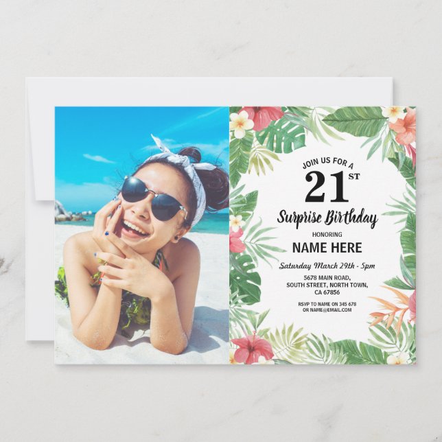21st 18th 30th 40th Birthday Party Tropical Photo Invitation (Front)
