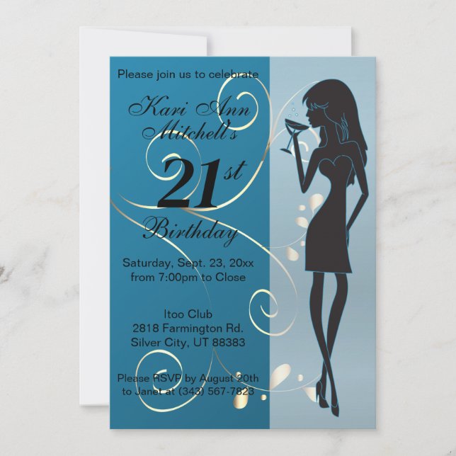 21st Adult Birthday Girl - Blue Invitation (Front)