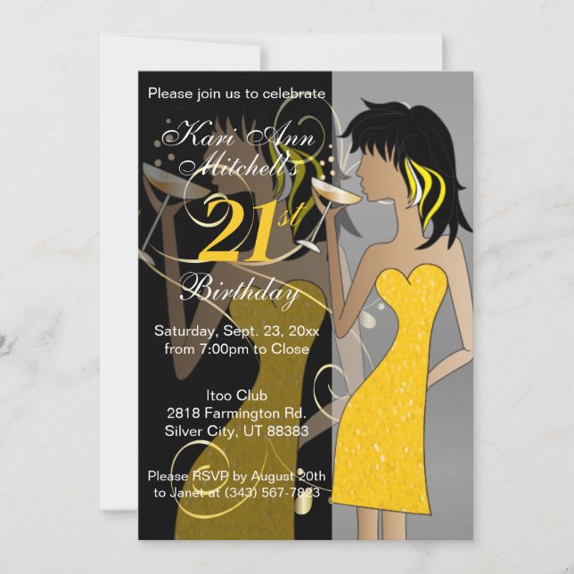 21st Adult Birthday Girl - Yellow Invitation (Front)
