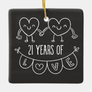 21st Anniversary Gift Chalk Hearts Ceramic Ornament