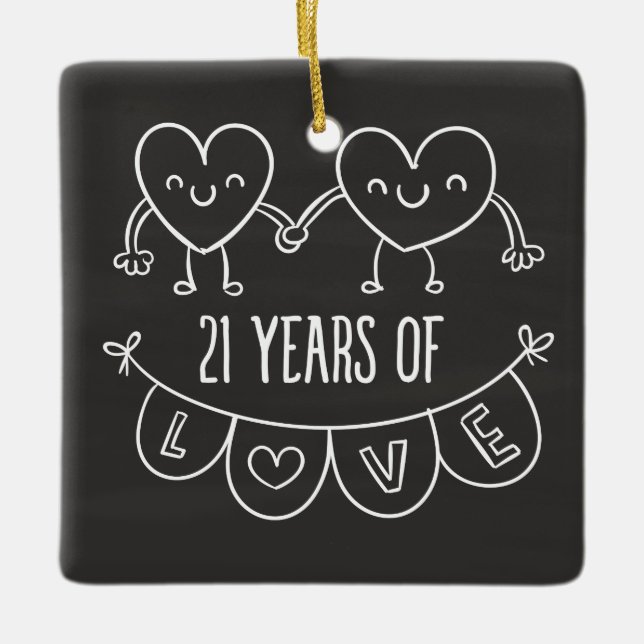 21st Anniversary Gift Chalk Hearts Ceramic Ornament (Front)