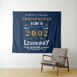 21st Birthday 2002 Add Name Legend Blue Gold Retro Tapestry<br><div class="desc">Birthday Vintage design "Original Quality Legendary Inspiration" party wall tapestry for that special dad. Add the name and year as desired in the template fields creating a unique birthday celebration item. Team this up with the matching gifts,  party accessories,  and clothing available in our store www.zazzle.com/store/thecelebrationstore</div>