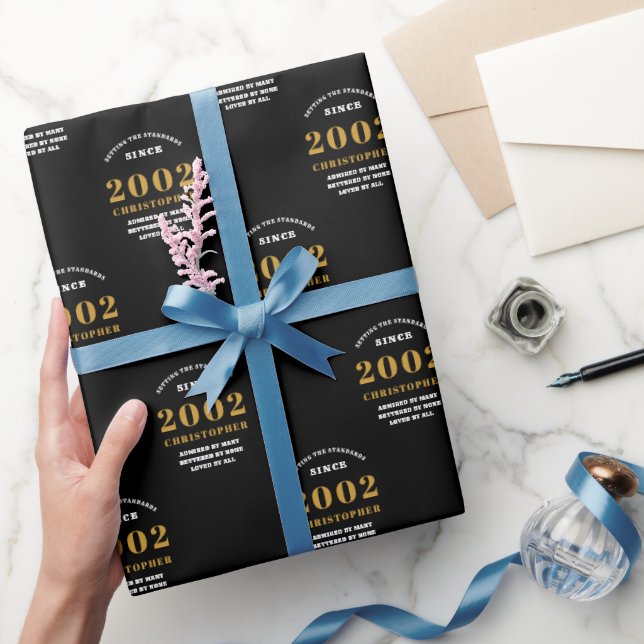 21st Birthday 2002 Black Gold Add Name Wrapping Paper (Gifting)