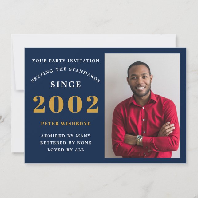 21st Birthday 2002 Name Photo Blue Gold Invitation (Front)