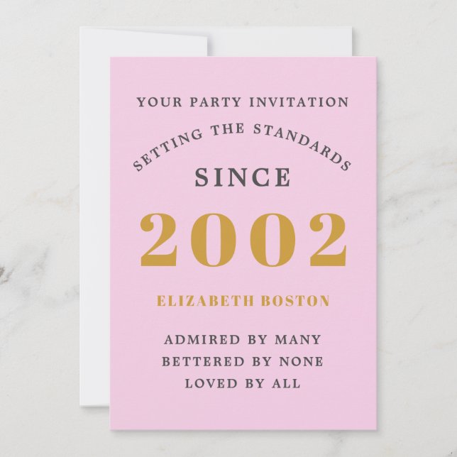 21st Birthday 2002 Pink Grey Add Name Year Invitation (Front)