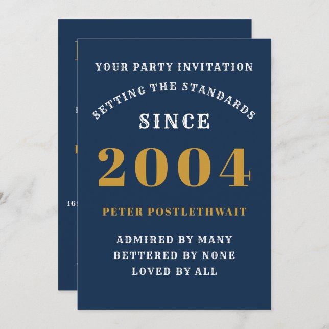 21st Birthday 2004 Blue Gold Personalised For Him Invitation (Front/Back)