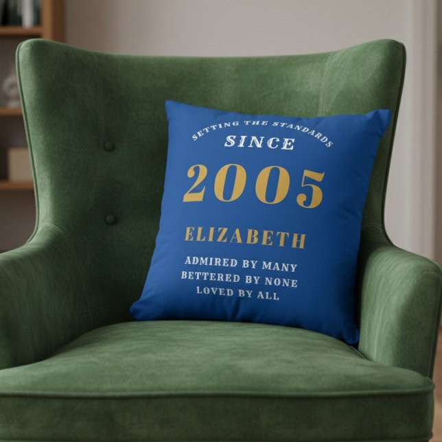 21st Birthday 2005 Add Name Blue Gold Personalized Cushion (Blue 2005 throw pillow on a green velvet chair.)
