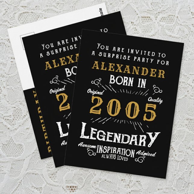 21st Birthday 2005 Black Gold Legend Invitation Postcard (2005 birthday invitation postcard. White background.)