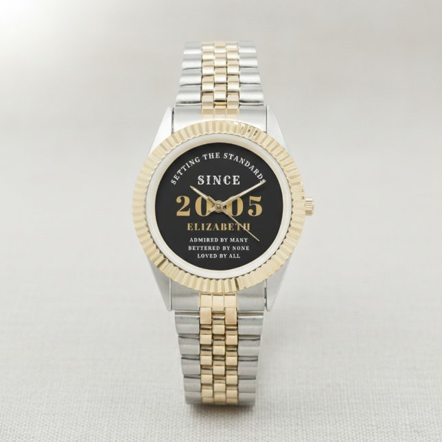 21st Birthday 2005 Elegant Black White Chic Watch (Born 2005 watch. White background.)