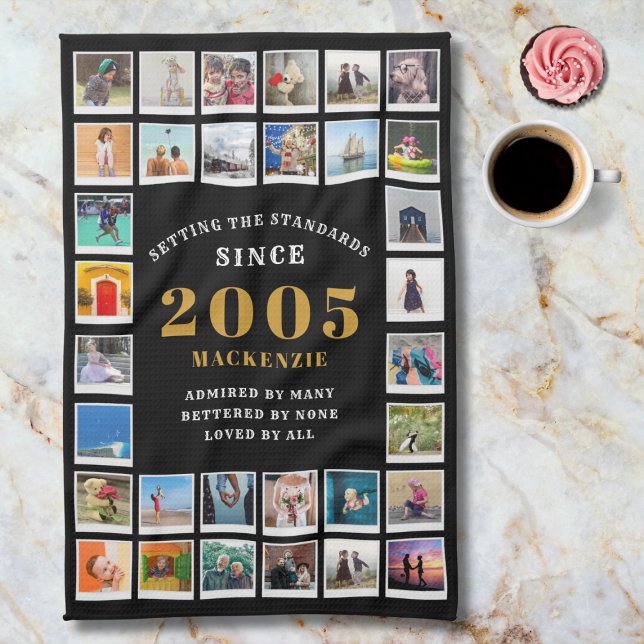 21st Birthday 2005 Family Memories Photo Collage  Tea Towel (2005 Kitchen towel. Marble background.)