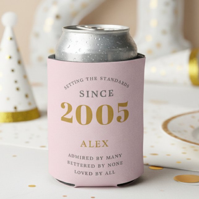 21st Birthday 2005 Keepsake Elegant Personalised Can Cooler (2005 pink can cooler on white background.)