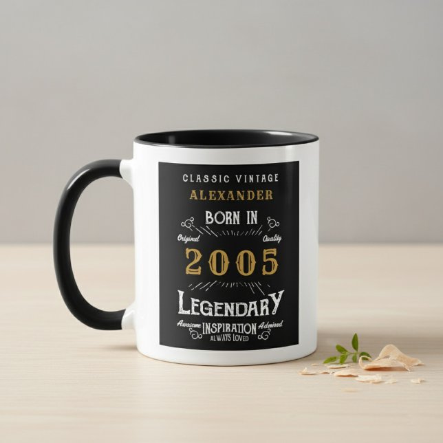 21st Birthday 2005 Legend Retro Black Personalized Mug (Born 2005 Legendary mug. Grey and wood background.)