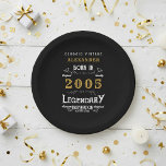 21st Birthday 2005 Legendary Retro Paper Plate<br><div class="desc">For those born in 2005 and celebrating their 21st birthday we have the ideal birthday paper plates. The black background with a white and gold vintage typography design design is simple and yet elegant with a retro feel. Easily customize the text of this birthday gift using the template provided. More...</div>