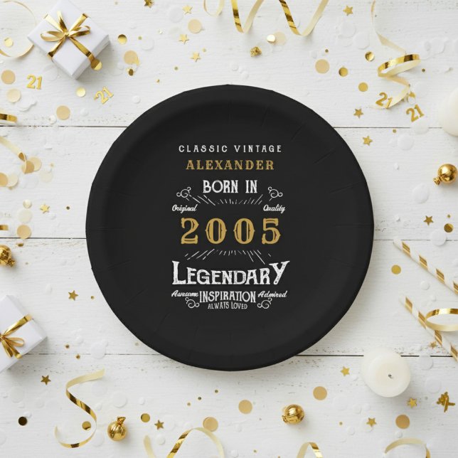 21st Birthday 2005 Legendary Retro Paper Plate (2005 black paper plate on a white and gold background.)