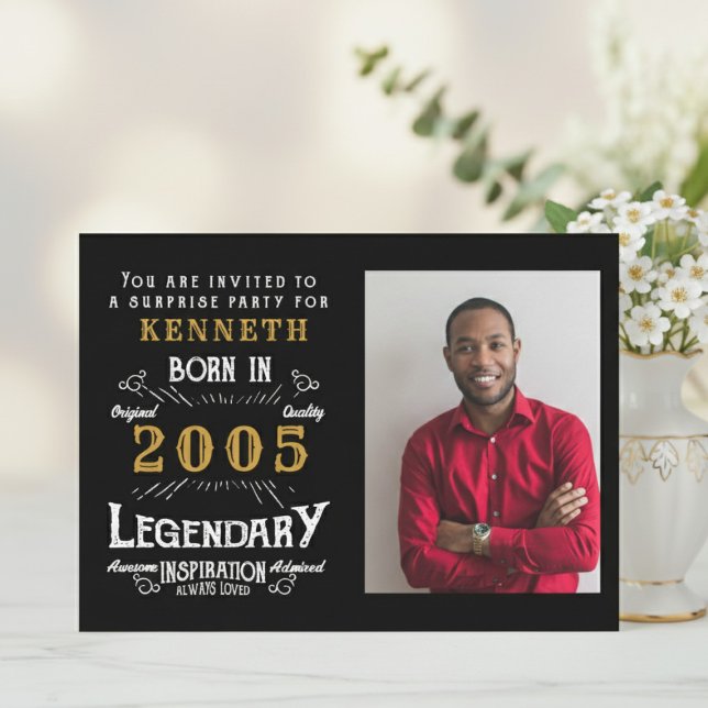 21st Birthday 2005 Vintage Black Gold Personalized Invitation (2005 birthday invite. Blurred background with flowers.)