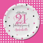 21st Birthday 21 fabulous years Add Name polka dot Paper Plate<br><div class="desc">Personalised,  Custom 21st Birthday Paper Plates celebrating 21 fabulous years in cool pink and black script typography.</div>