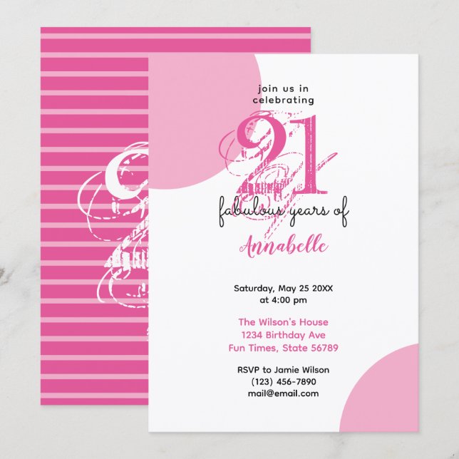 21st Birthday 21 fabulous years PINK typography Invitation (Front/Back)