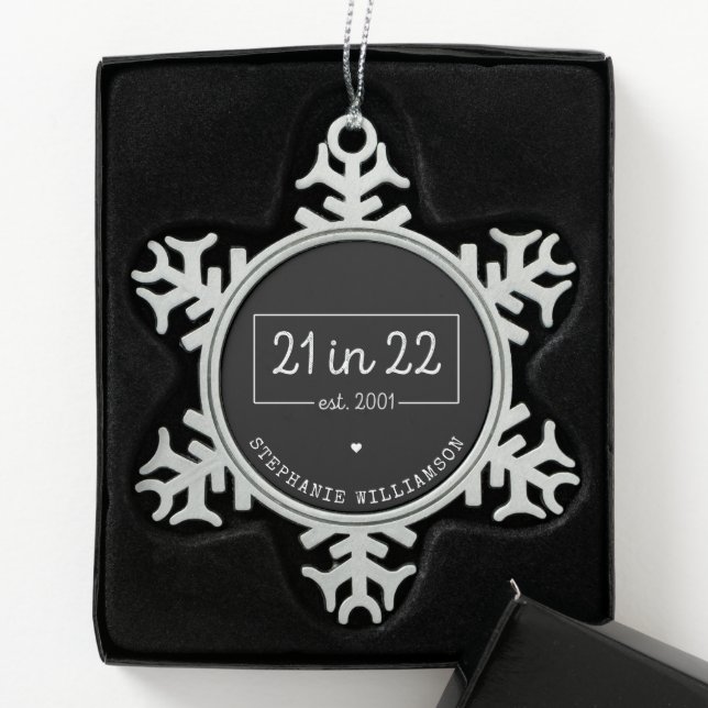 21st Birthday 21 in 22 est 2001 Birthday Party Snowflake Pewter Christmas Ornament (Box)