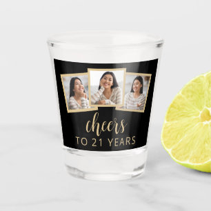 21st Birthday 3-Photo Black Gold Script Cheers Shot Glass
